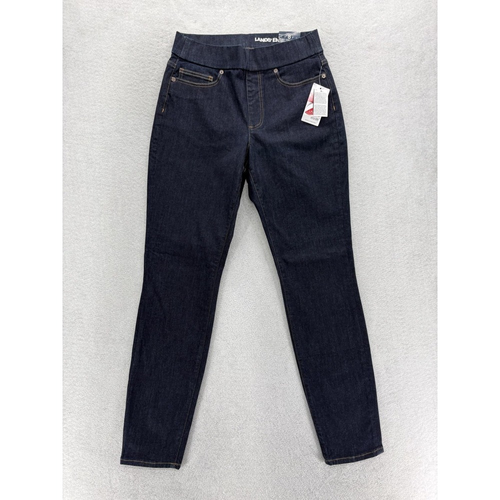 Lands End Curvy Pull On Skinny Jeans Womens 8 Blue Dark Wash Jegging Stretch NWT